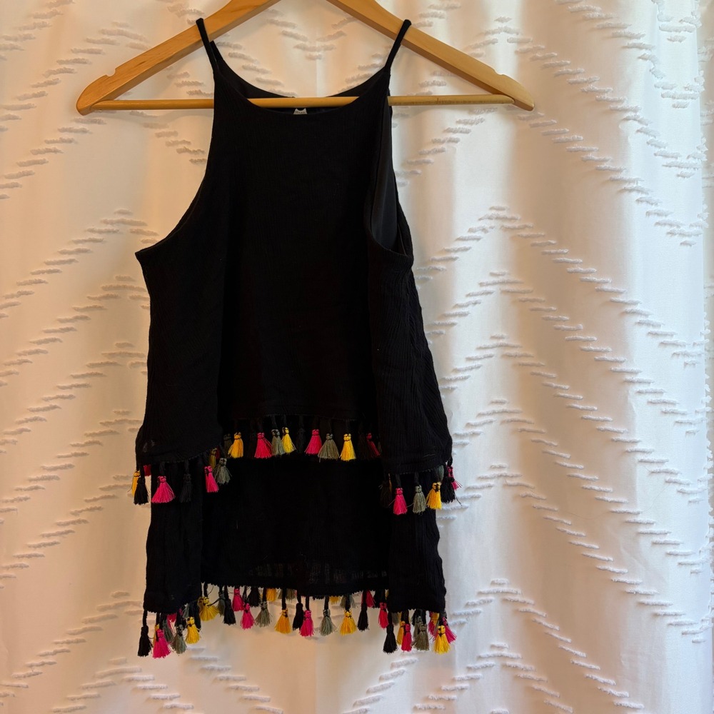 Bleu Rain Womens XS Black Tassel Tiered Halter Top Boho Gauze D12218 Multi Color